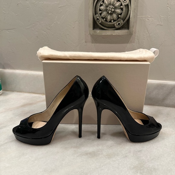 Jimmy Choo Crown Patent Black Leather Peep Toe Heel - Picture 7 of 13